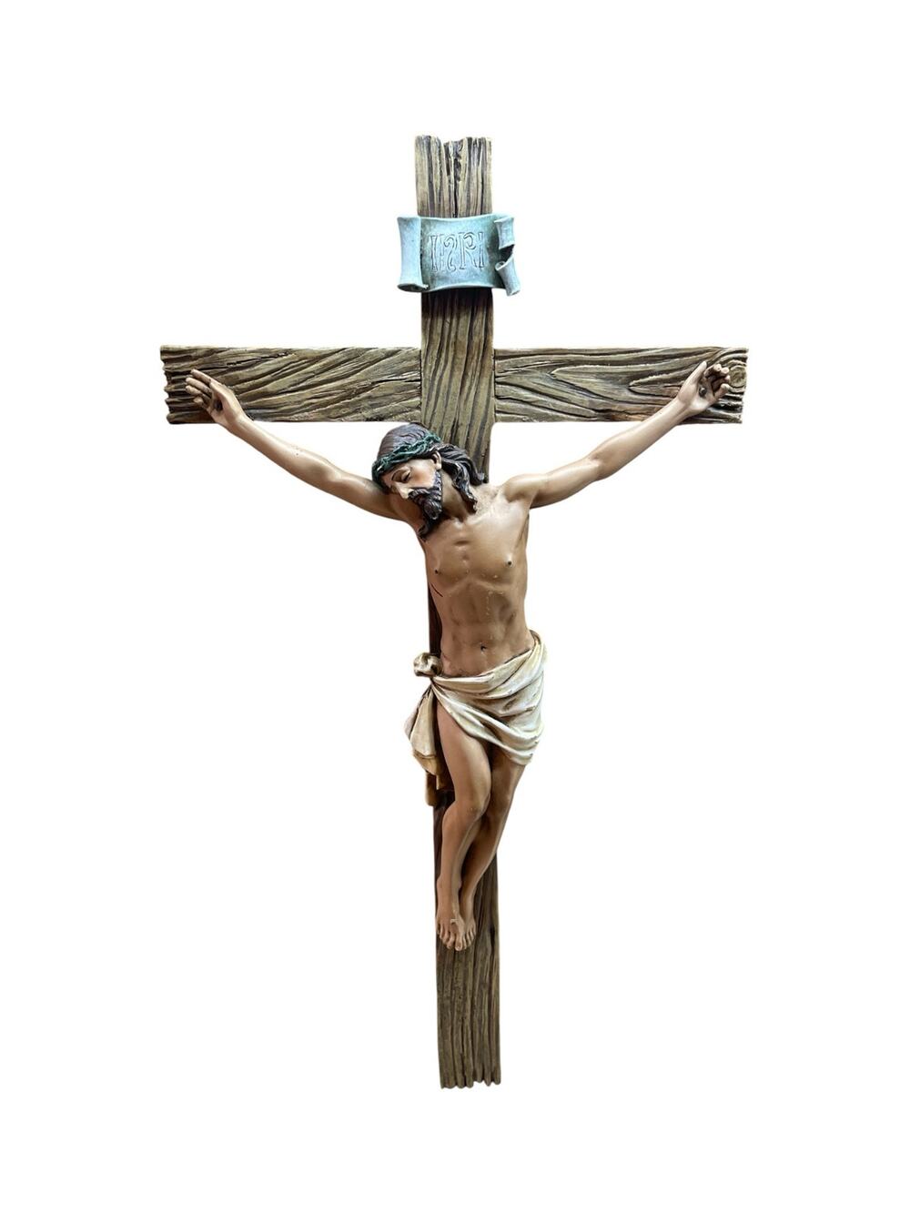 Religious Wall Crucifix Jesus Christ on Cross Faux Wood Grain Catholic Decor